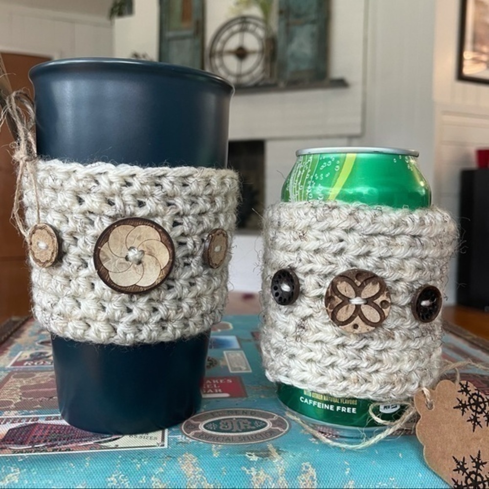 $15 SALE Reusable Button Embellished Can Cup Koozy Crochet 2-pack Handmade
